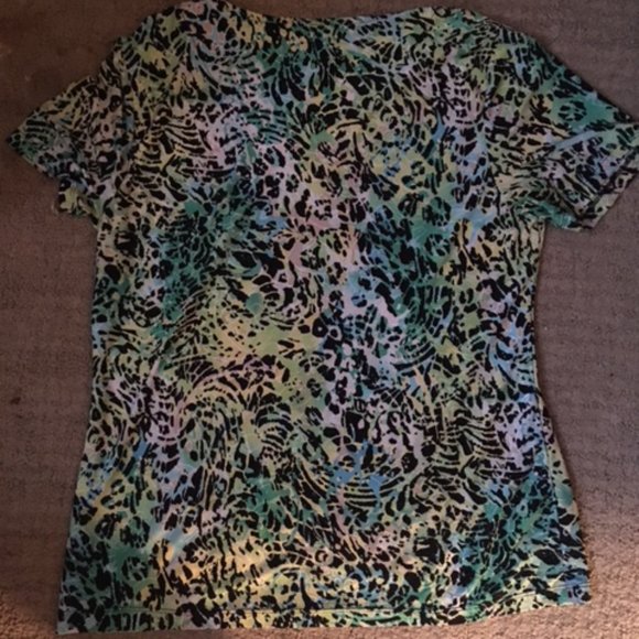 JM Collection Green Leopard Print blouse/T-shirt stretchy Petite Large - Picture 3 of 4